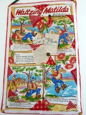 Fabric banner featuring Waltzing Mathilda with hand-made collage overlay, studs,